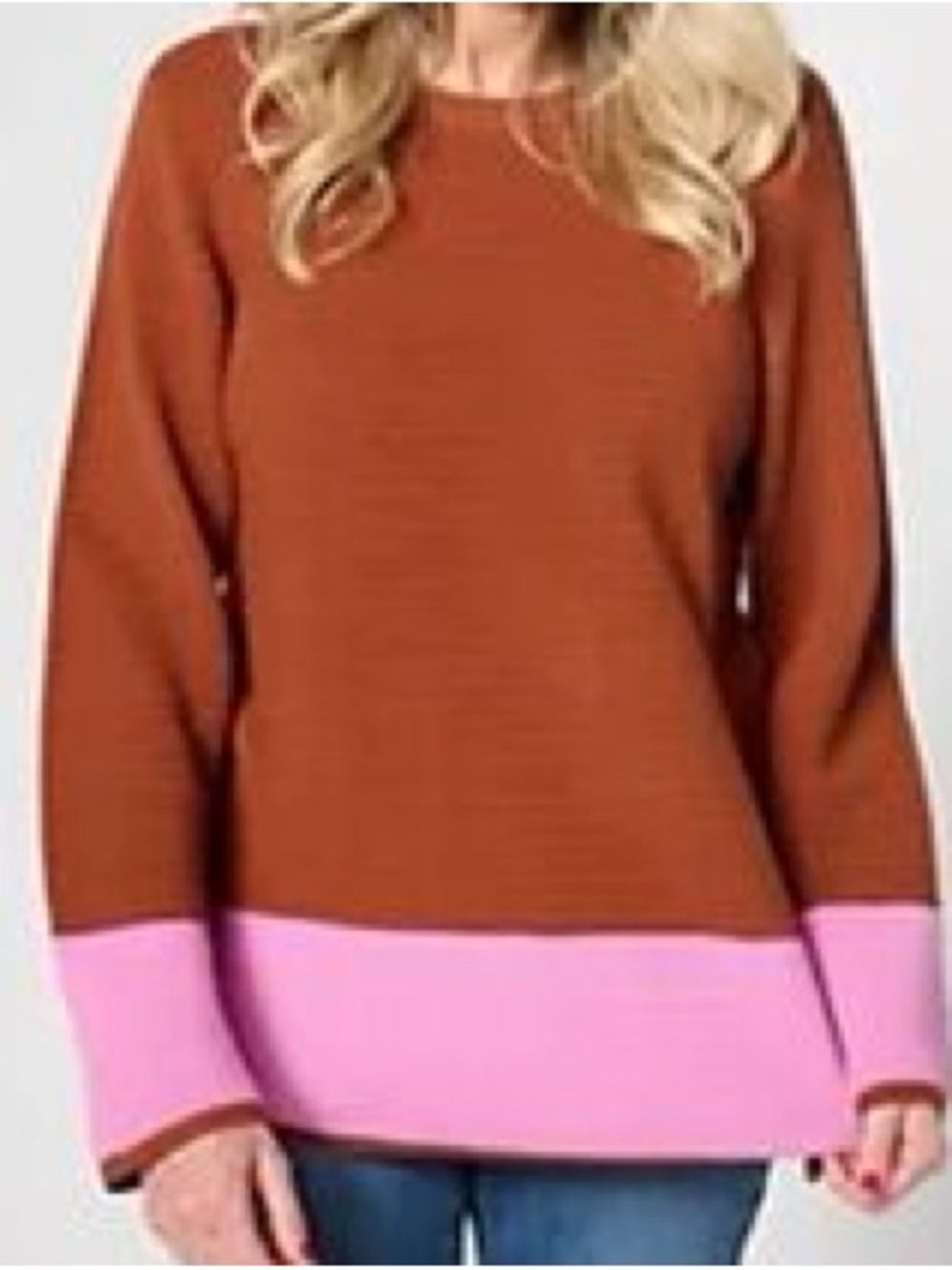 Women's Colorblock Crewneck Sweater in Rust and Pink